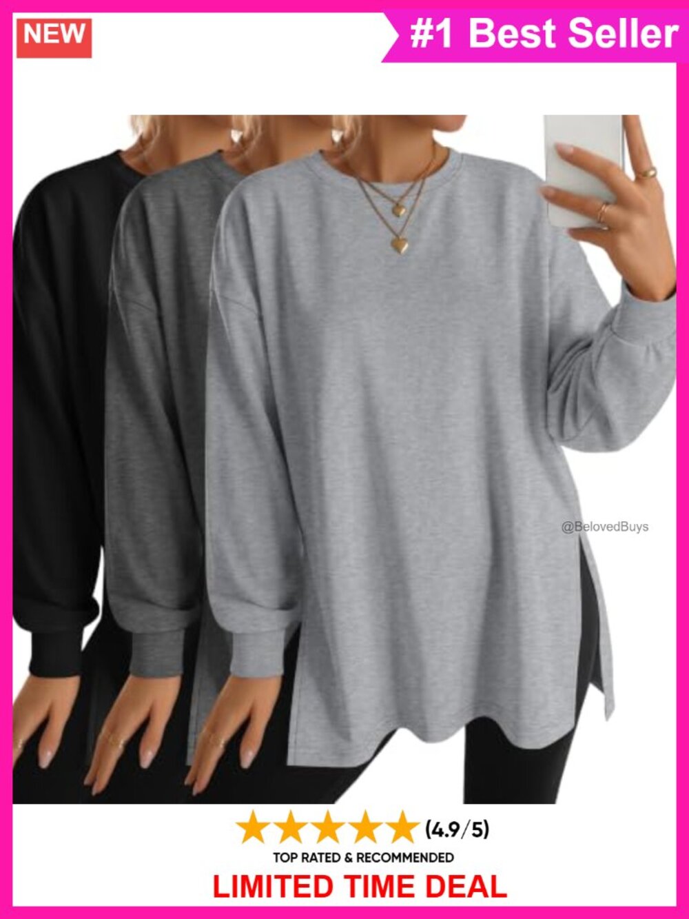 3 Pack Oversized Long Sleeve Shirts Drop Shoulder Crew Neck Side Split Tops